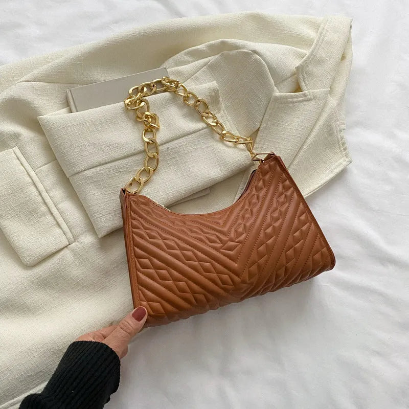 PU pleated chain baguette shoulder underarm bag in vertical square shape with adjustable strap