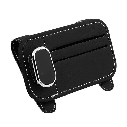 Leather car sun visor card holder with sunglasses clip in snap-on design available in multiple colours.