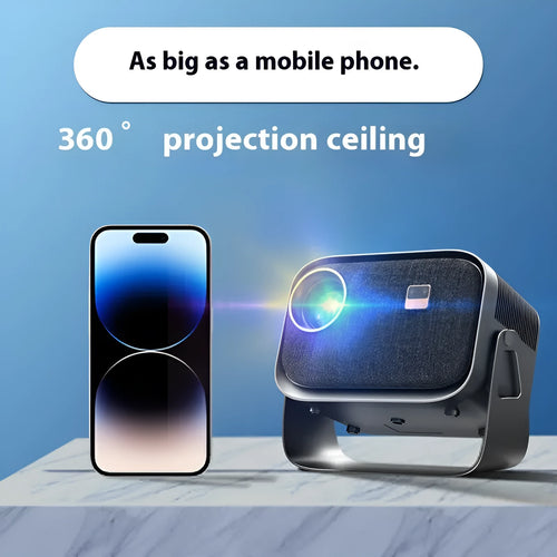 White portable Android smart home theatre projector on a wooden table, projecting a high-definition movie scene.