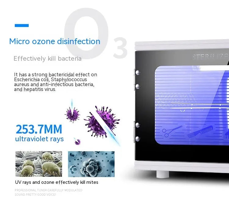 Small silver ultraviolet sterilizer with stainless steel interior for salon tool disinfection