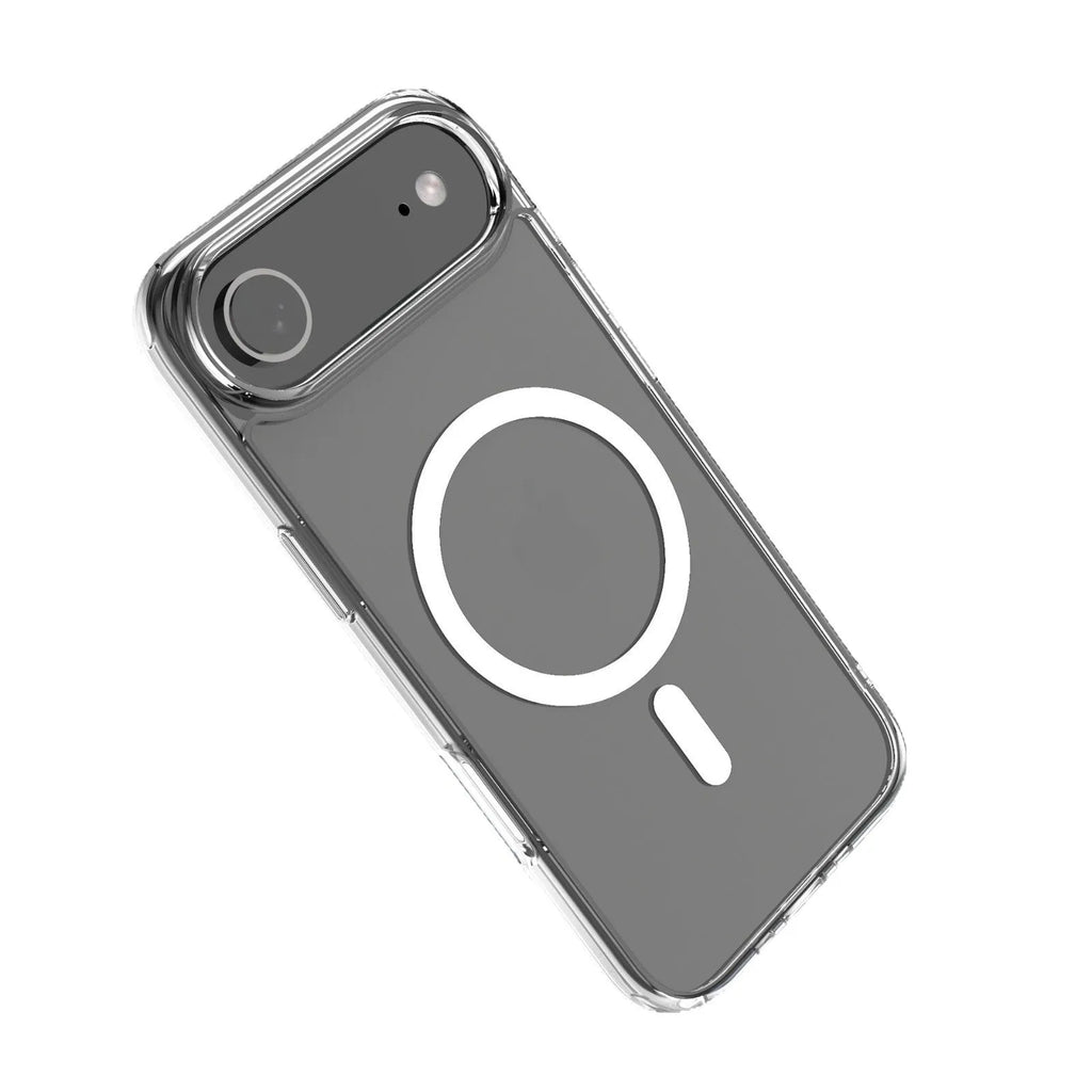 Transparent magnetic phone case for iPhone 17 series showing clear TPU construction with magnetic ring