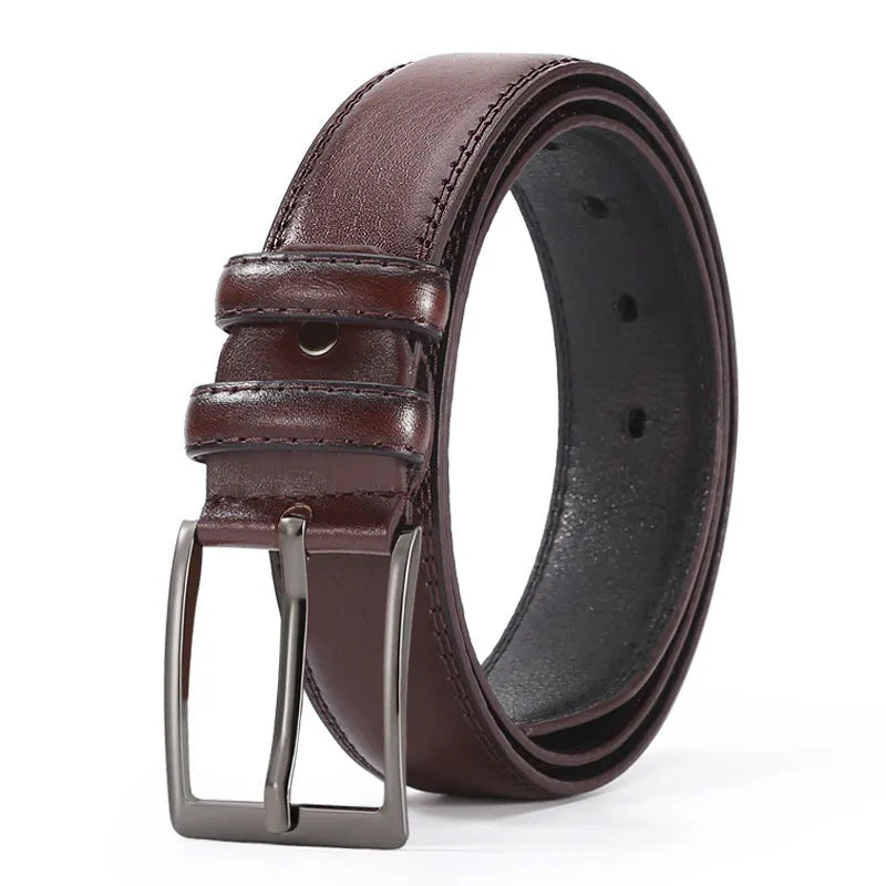 Men's business belt showing laser pattern detail with alloy pin buckle on imitation leather strap