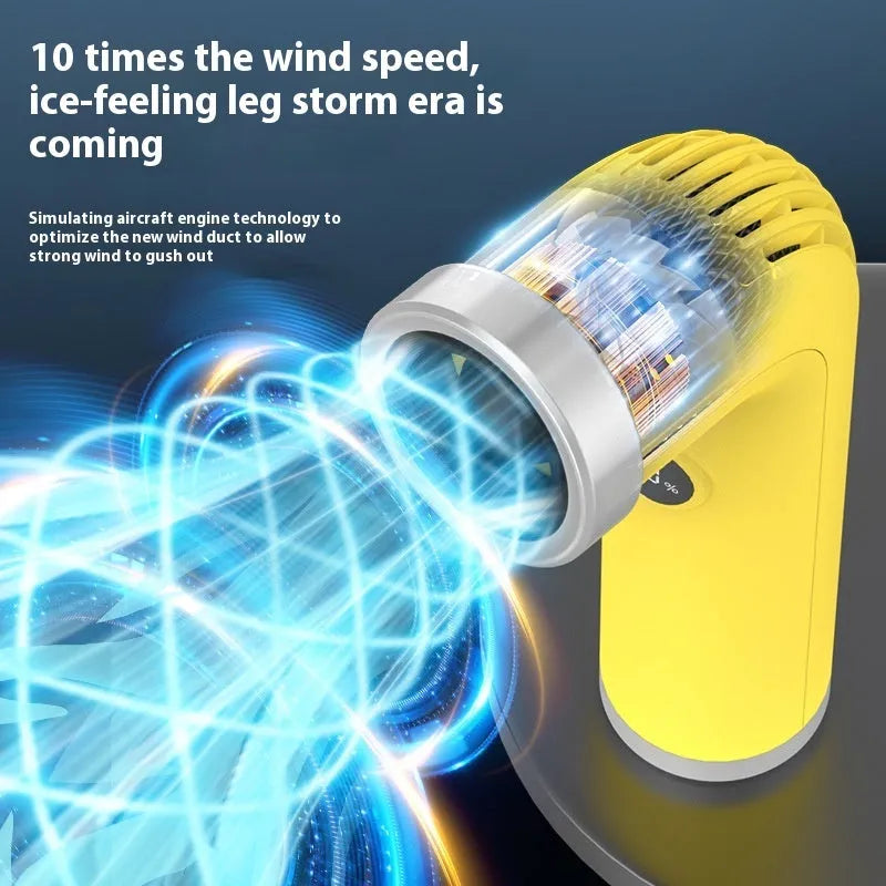 Bladeless portable desk fan in apricot colour with lithium battery and USB charging cable