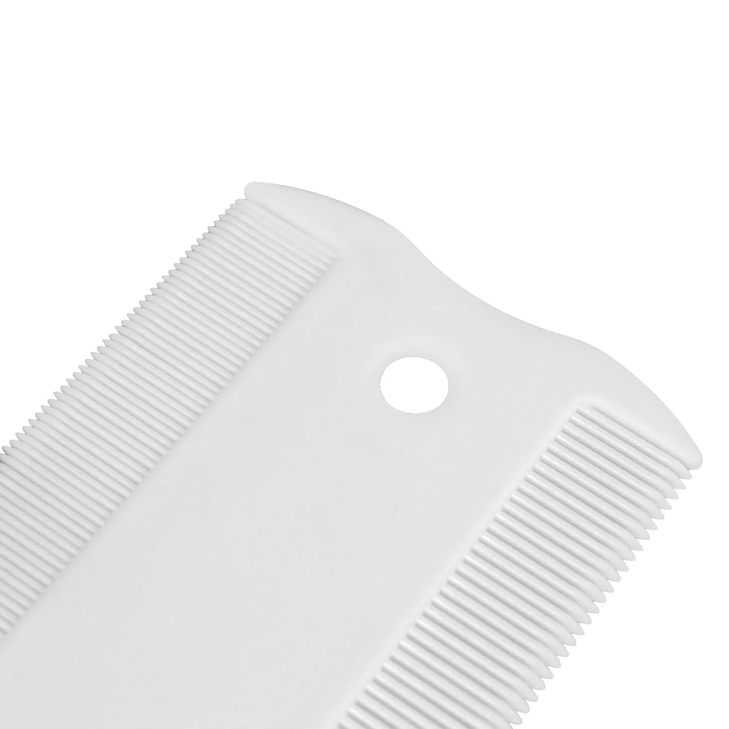 A small white plastic double-sided flea comb with dense teeth for dogs and cats.