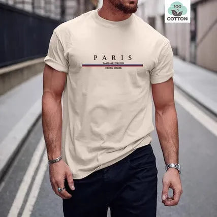 Men's heavy pure cotton short-sleeved t-shirt with letter print in loose fit, shown in apricot colour