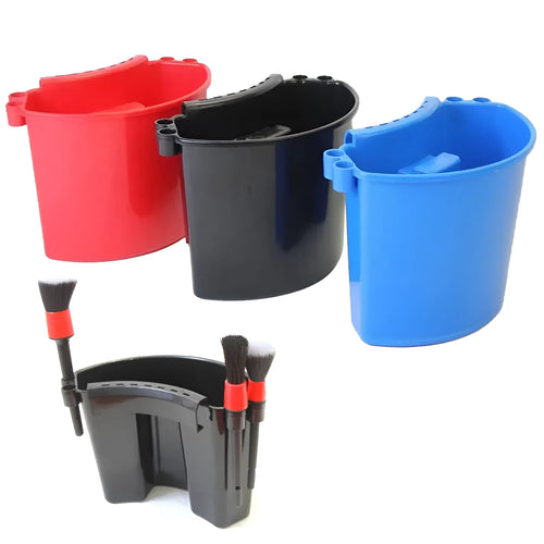 A durable PP plastic car wash bucket for cleaning tools, shown in available colours: black, red, blue, and pink.