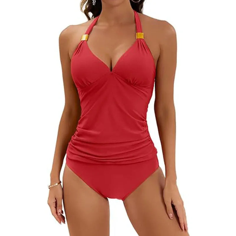 Women's solid colour halter neck two-piece swimsuit with tie-side bikini bottoms