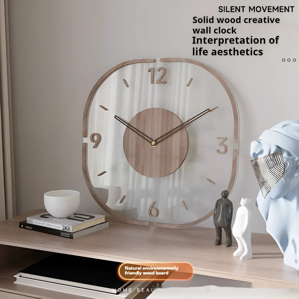 35cm square transparent wooden wall clock with modern design showing box frame and frameless options