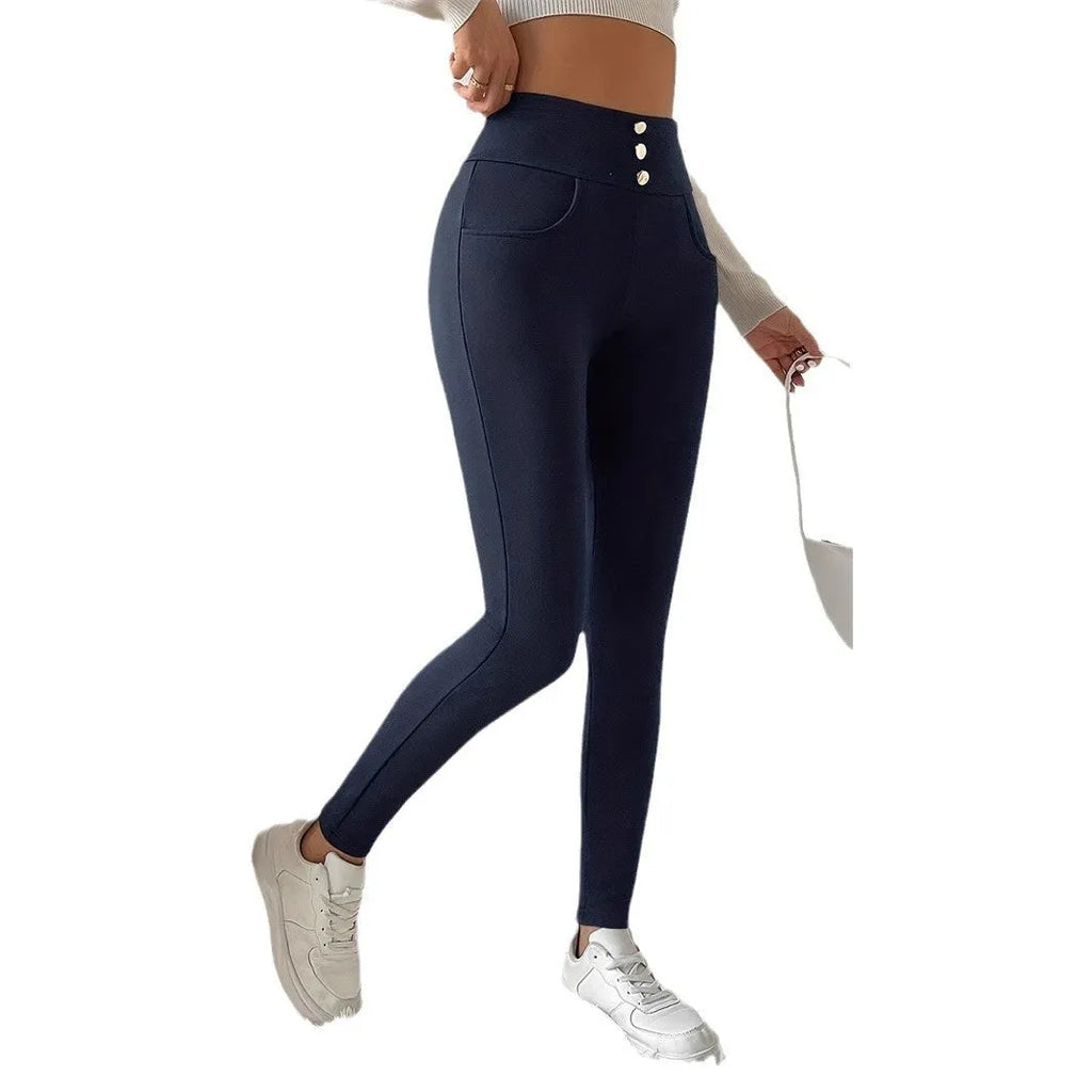 Women's navy blue polyester trousers with high waist slim fit and straight leg cut