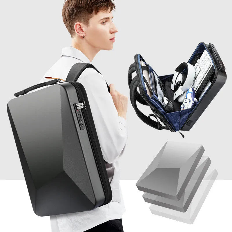 Hard shell gaming backpack in black or silver colour with multiple compartments and lock opening system