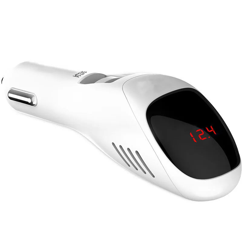 White car USB charger with integrated air purifier showing dual USB ports and compact 103mm design