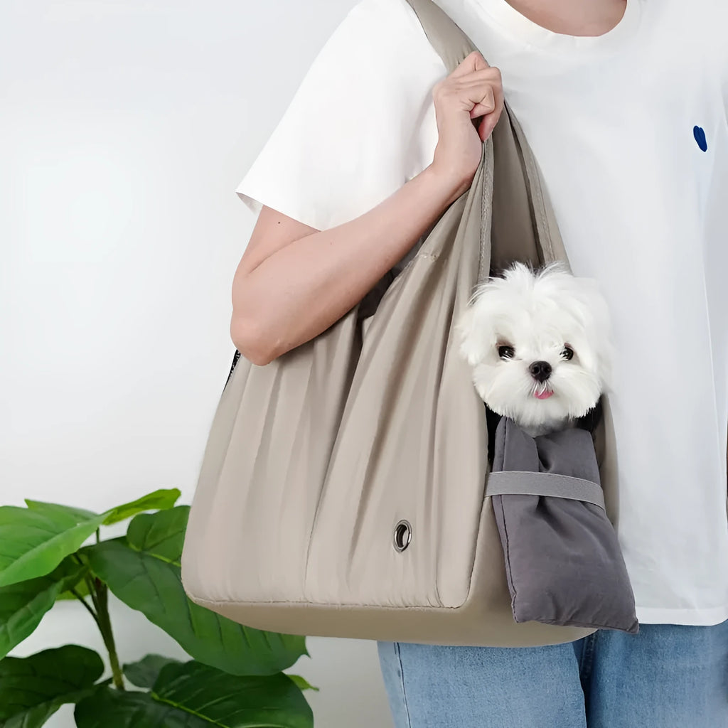 Apricot cloth pet handbag carrier with dimensions 41x16x28cm for small animal transport