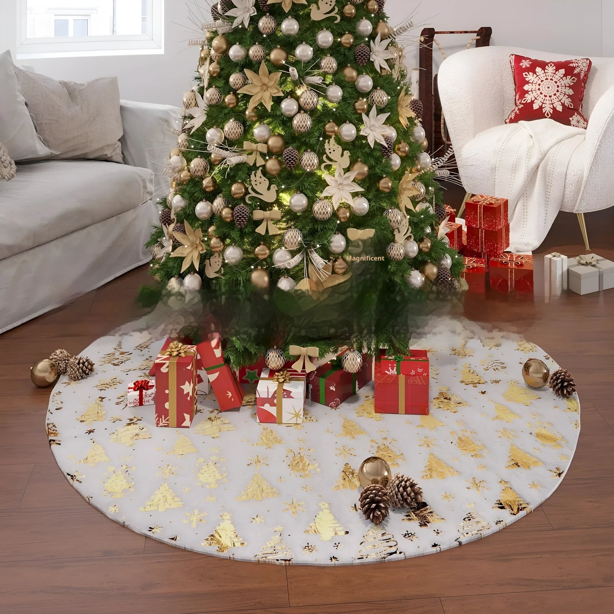 Plush Christmas tree floor mat in snowflake cedar style, available in 78cm 90cm 122cm 150cm sizes