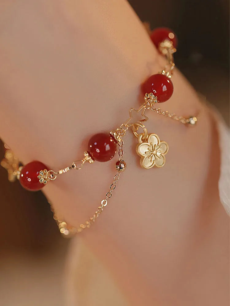 Women's red agate double layer ethnic bracelet with peach blossom floral design