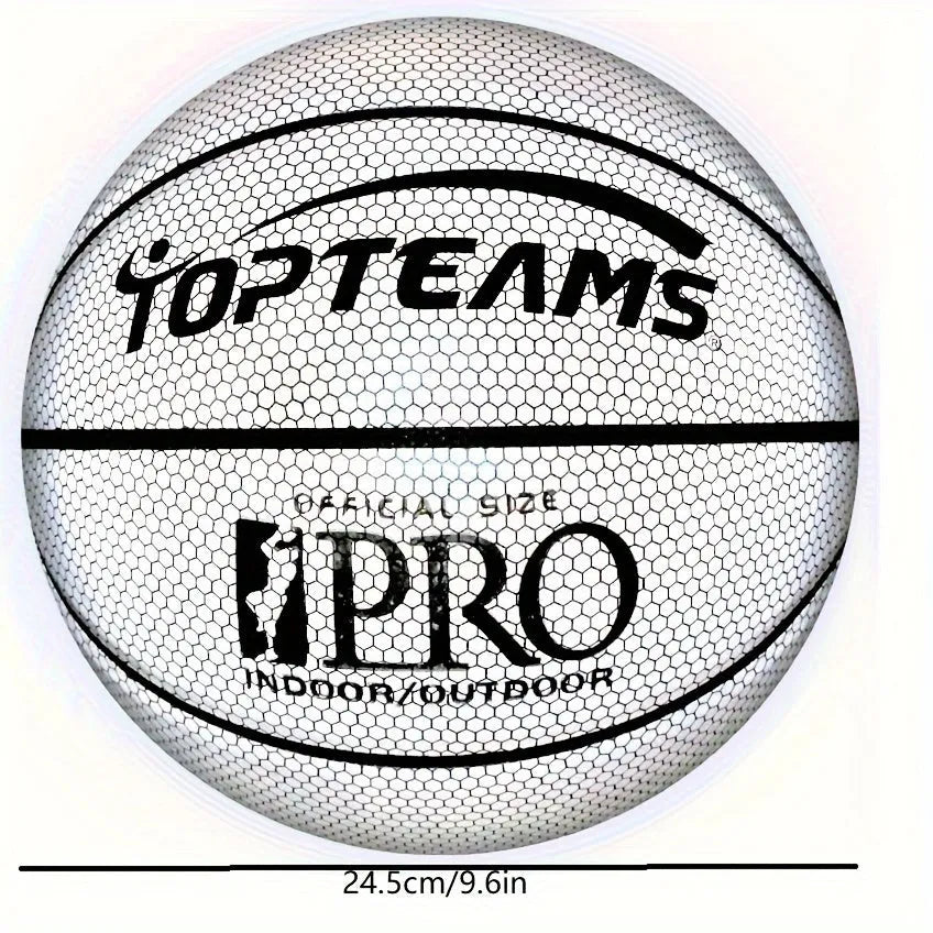 Chroma and white holographic luminous reflective No. 7 basketball made from wear-resistant PU.