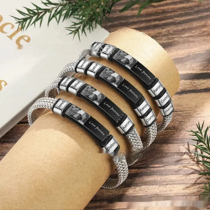 Men's stainless steel and leather rope bracelet with heart-shaped design and bead lettering options