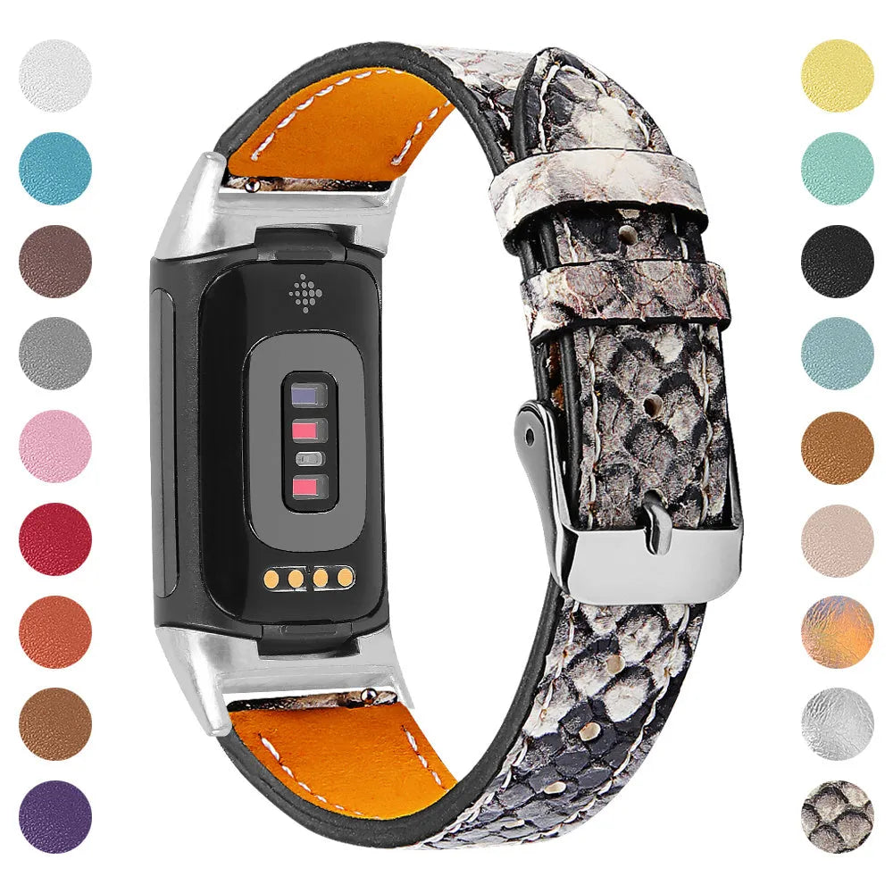 Genuine leather replacement strap for Fitbit Charge 5 and Charge 6 smartwatches in multiple colour options.