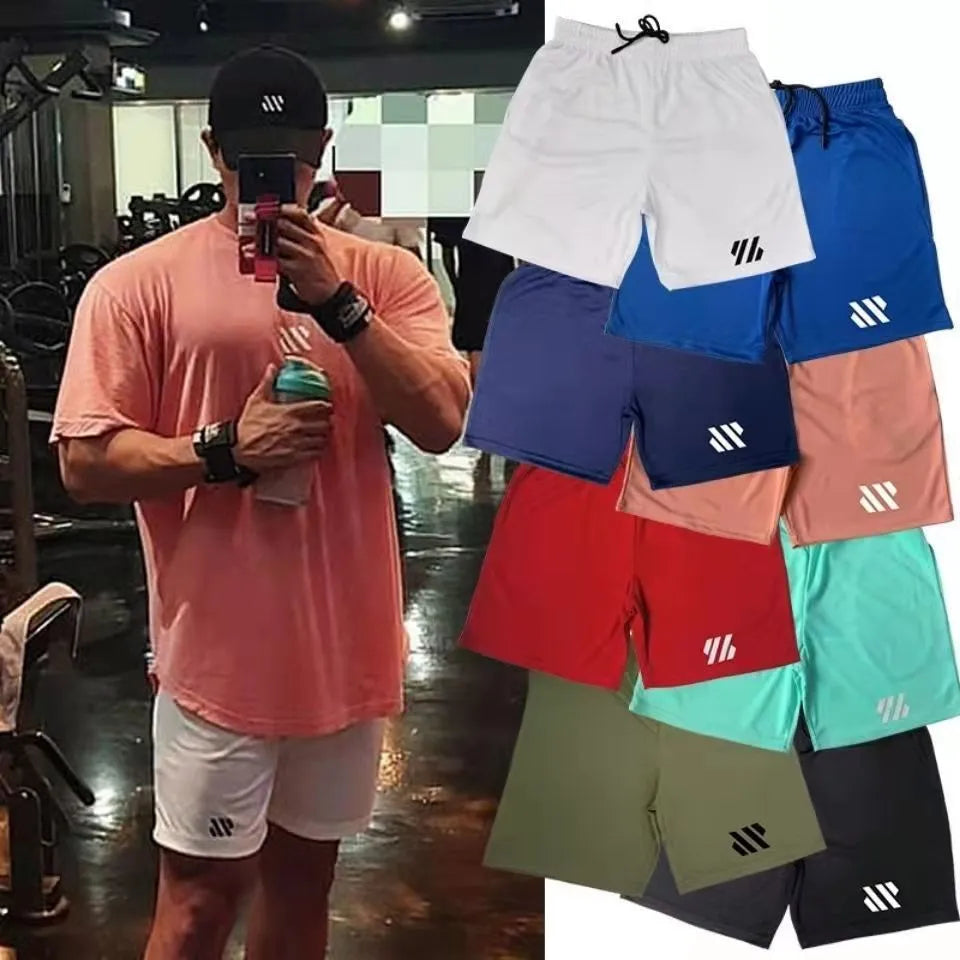 Men's loose-fit metal silk sports shorts in multiple colours on a size chart background