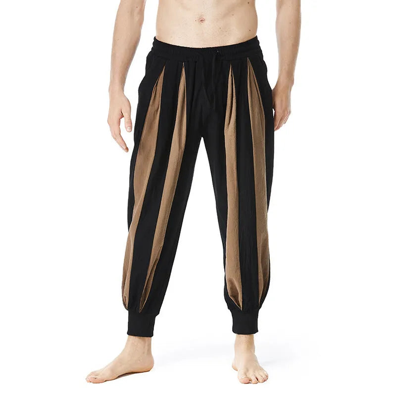 Men's straight leg casual trousers in red, khaki, yellow, or brown, made from polyester fabric.
