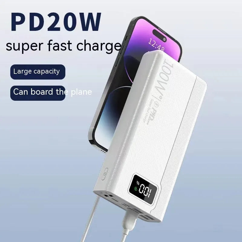 Large capacity black or white plastic power bank with fast charging support.