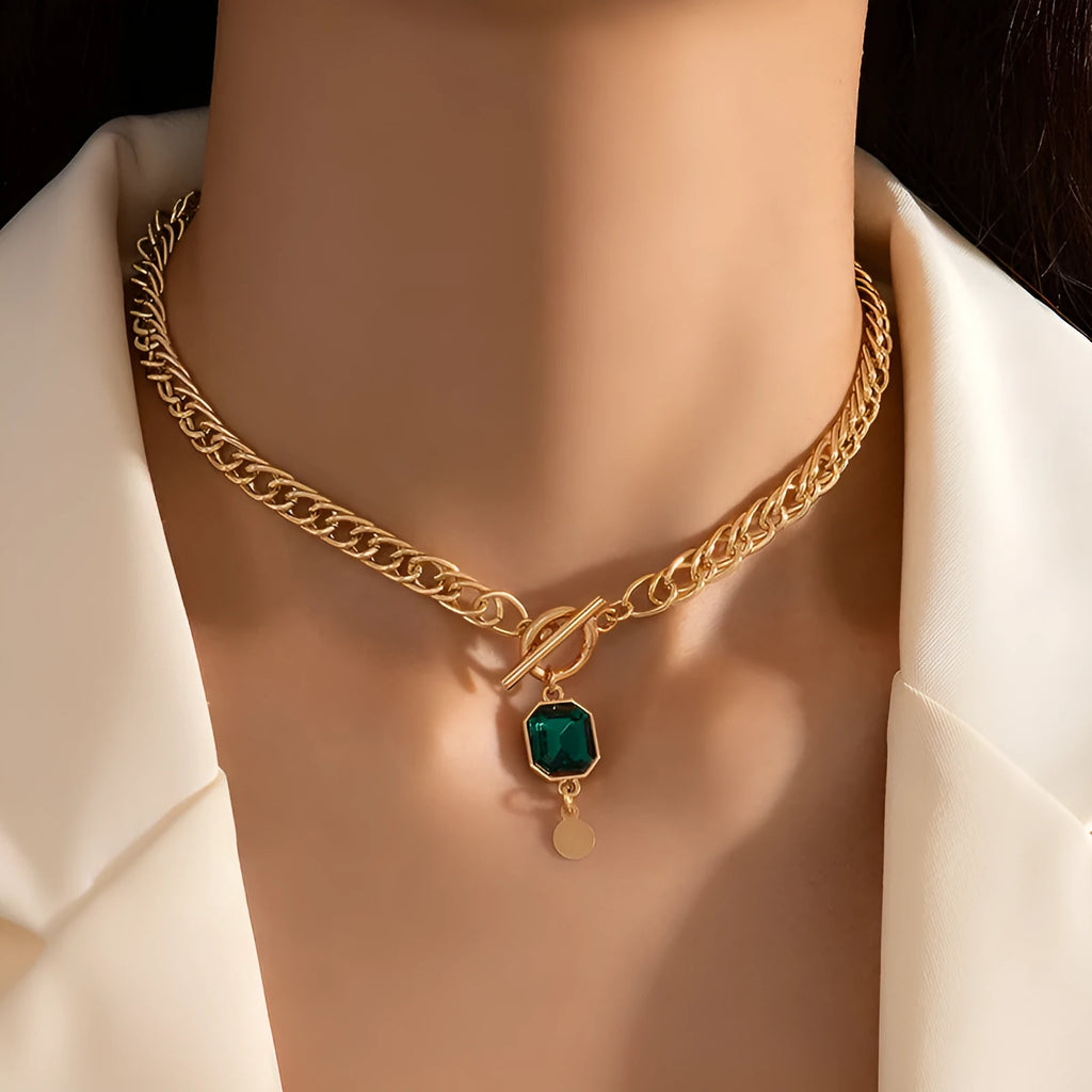 Gold geometric pendant necklace with emerald green zircon on titanium steel Cuban chain