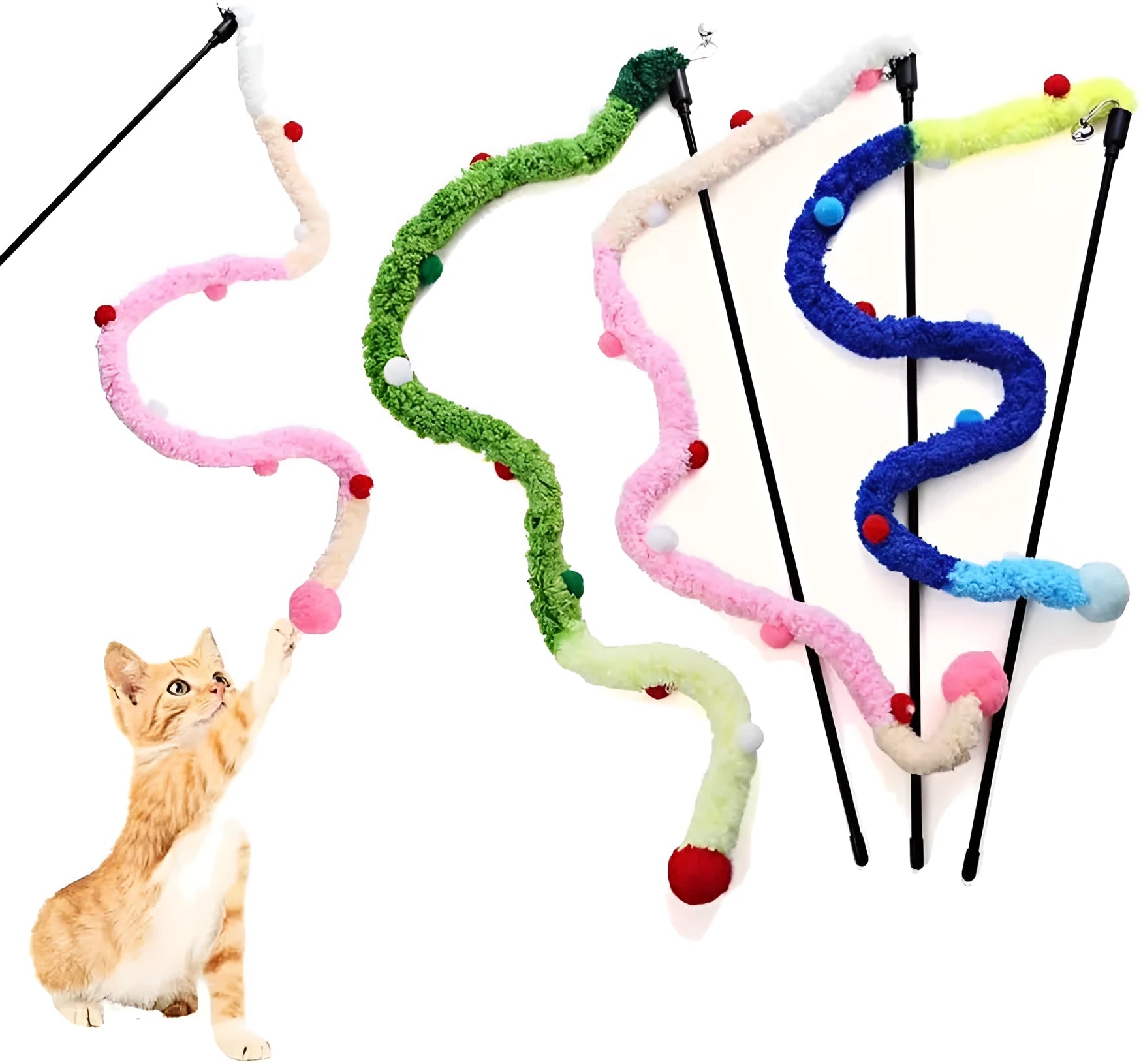Blue green pink plush strip cat wand toy with bell on 41cm pole