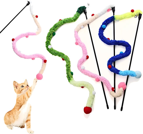 Blue green pink plush strip cat wand toy with bell on 41cm pole