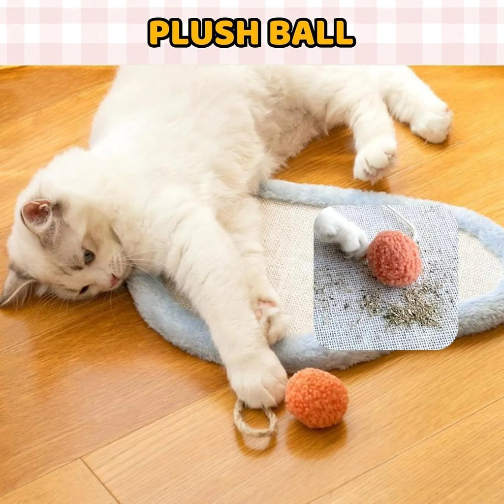 White cat scratching mat with sleeping cat pattern, made from natural sisal, shown mounted on a wall