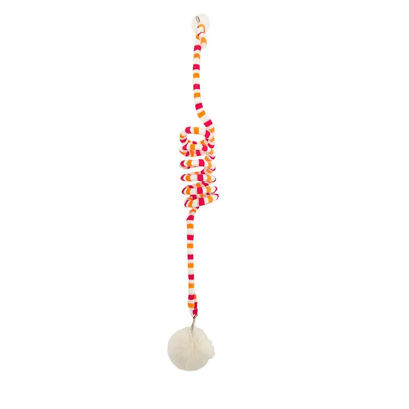 Colourful cat toy with spring bell stick and inflatable ball attached to a door by a suction cup