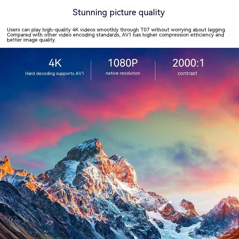 White T07 smart projector with remote control on a table, displaying a 1080p Full HD image.
