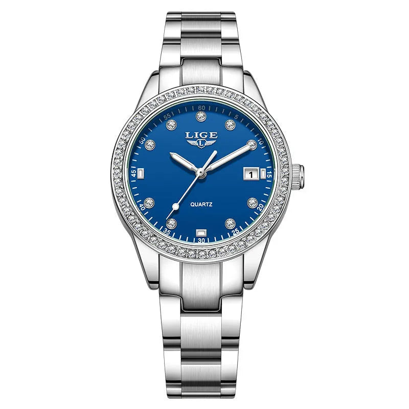Silver stainless steel women's quartz watch with diamond markers and round dial