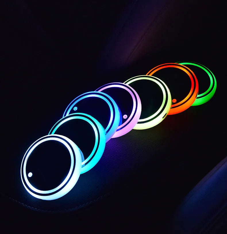 Colourful LED light-up coaster for car cup holder with 7 lighting modes and USB charging cable