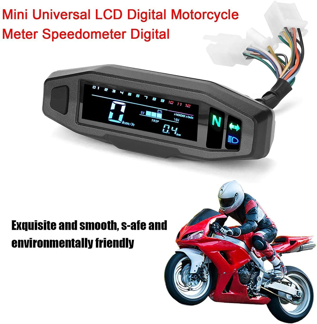 Black mini motorcycle LCD speedometer and fuel gauge with 141x45mm dimensions on a handlebar