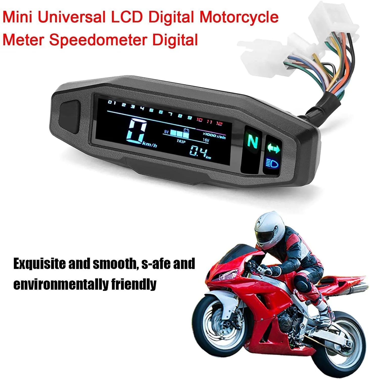 Black mini motorcycle LCD speedometer and fuel gauge with 141x45mm dimensions on a handlebar
