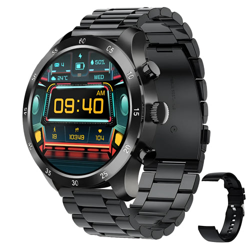 Apple iOS smart watch with Bluetooth calling on wrist, showing steel case and health monitoring display.