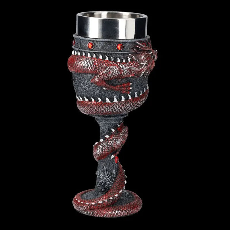 Red wine glass with 3D dragon resin sculpture on stainless steel base in gold or red colour