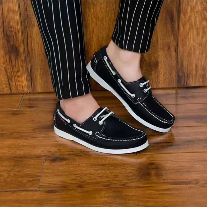 Men's British-style casual shoes with artificial PU uppers in black, white, blue brown, and black and white colour options.