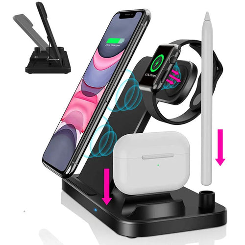 Folding 4-in-1 wireless charging station showing iPhone on vertical stand, Apple Pencil on magnetic spot, and two colour options.