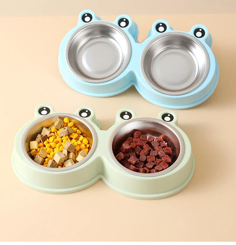 Stainless steel pet bowl with frog design and two compartments for food and water
