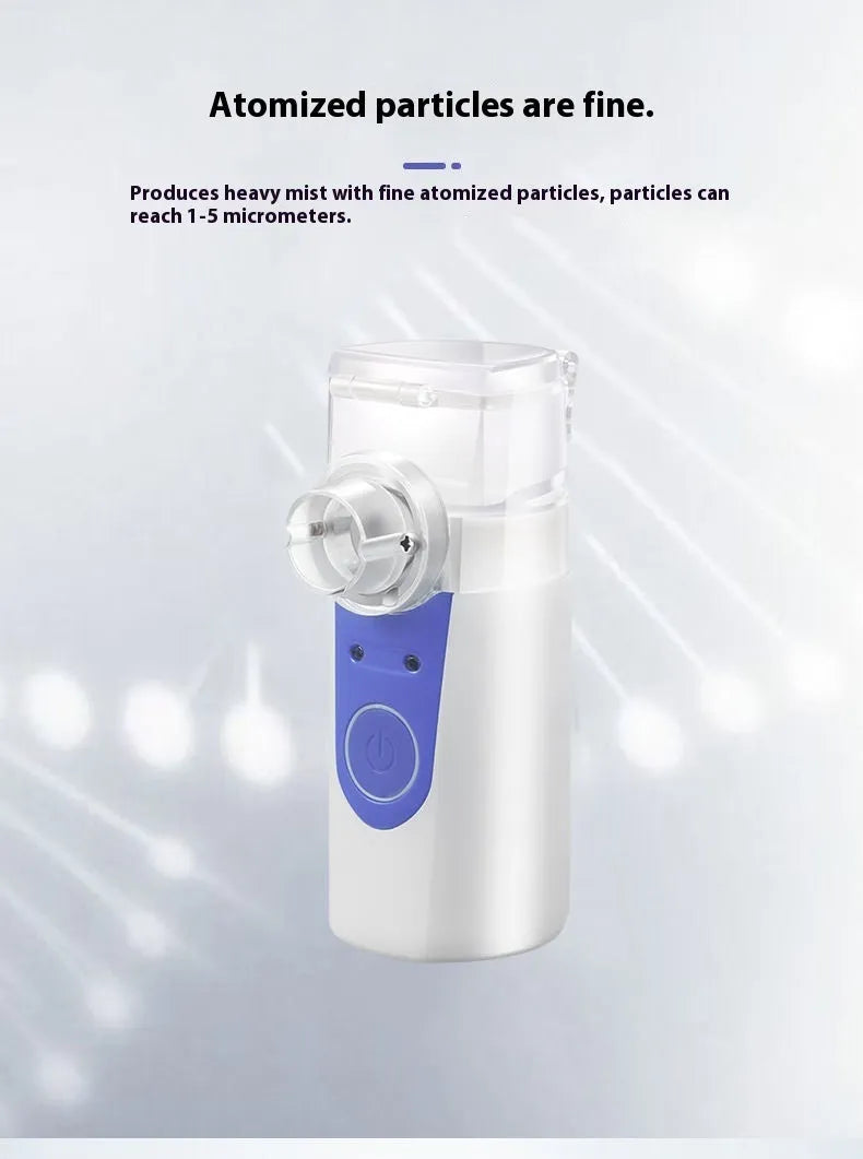 A columnar-shaped plastic handheld USB nebuliser for quiet drug atomisation at home.