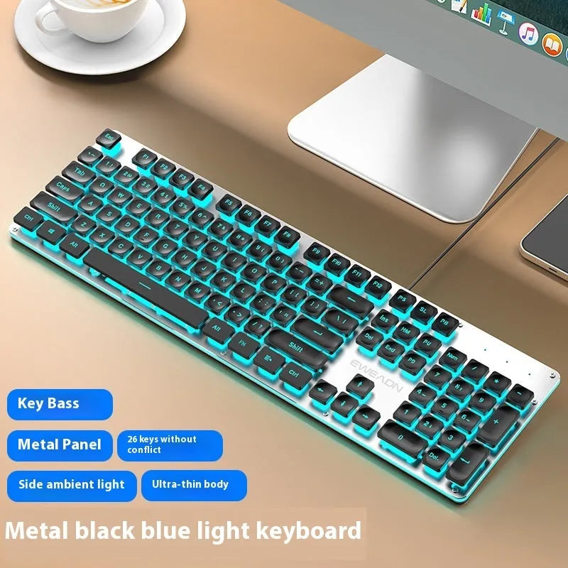 Wired computer keyboard with mute button and blue backlighting on a desk