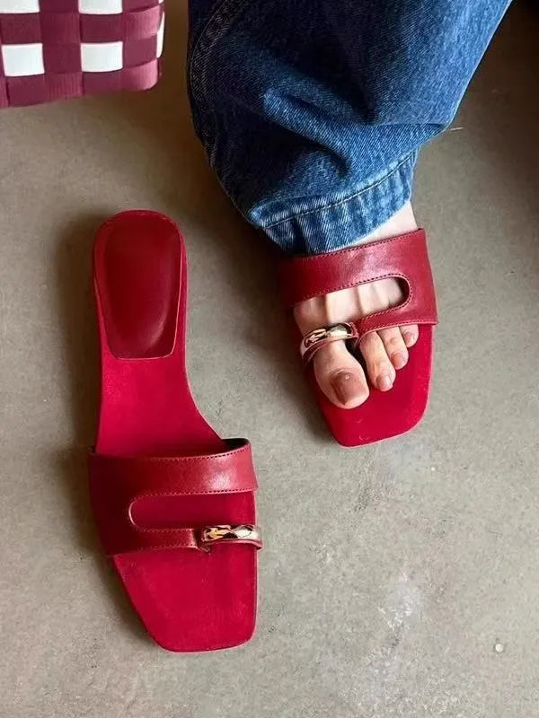 Plus size outdoor leather slippers with square head design in black, red, silver, and white colours