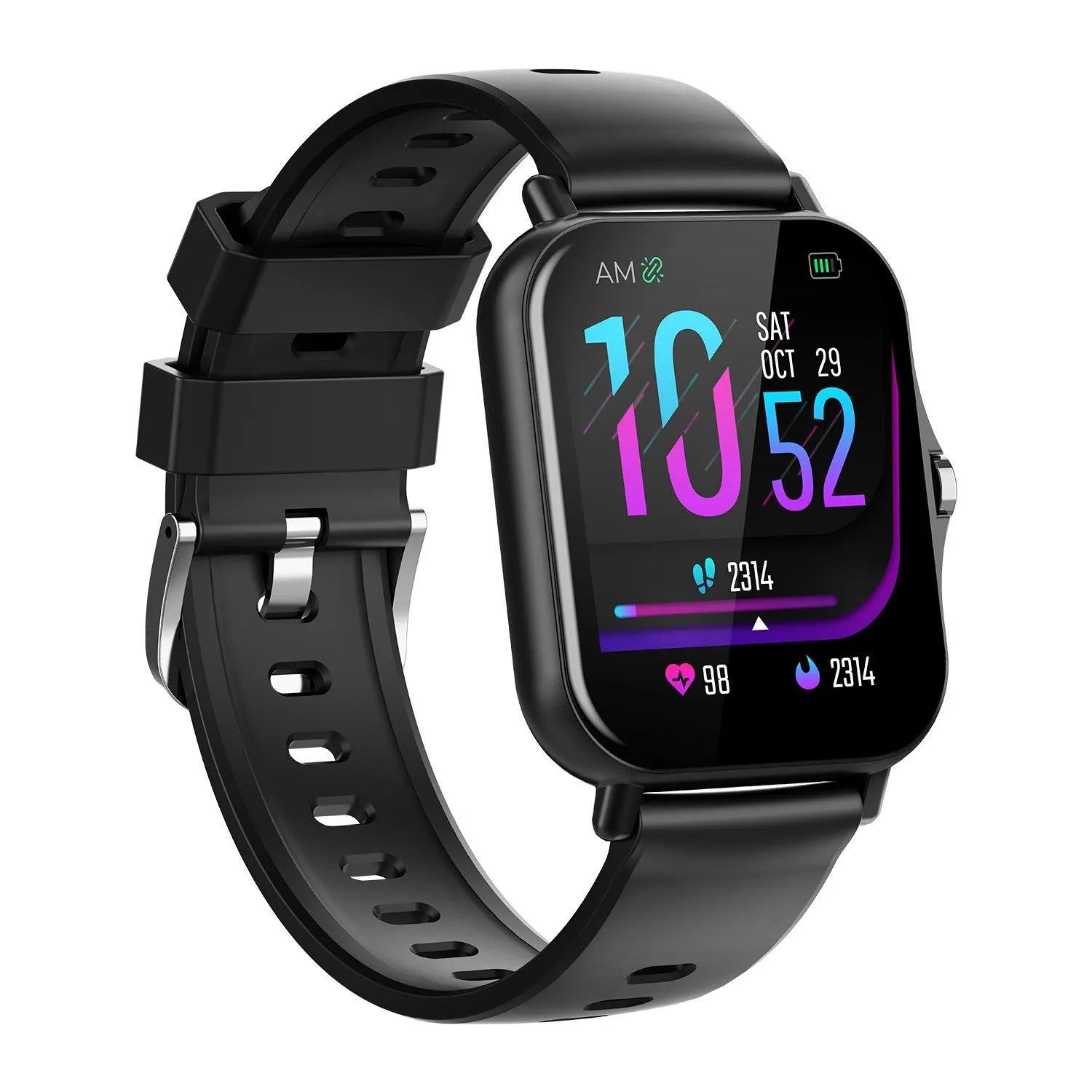 W10 model smart watch in blue with a curved touch screen displaying heart rate, worn on a wrist.