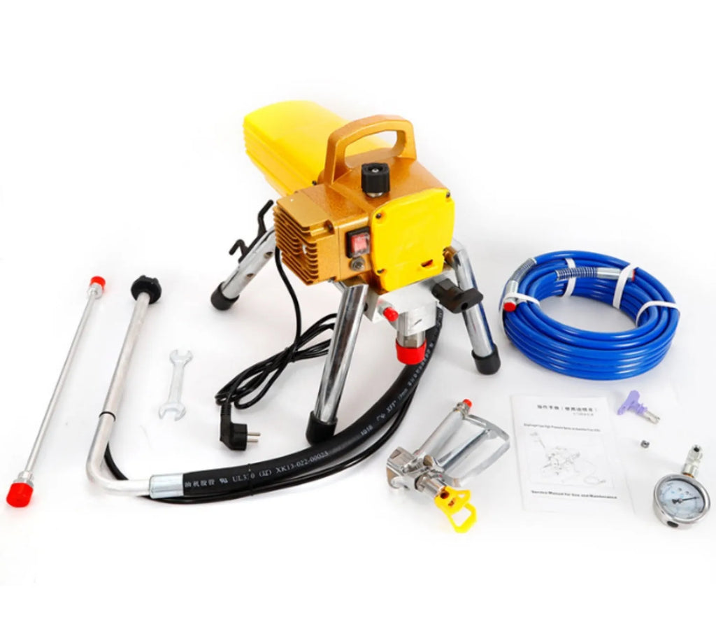 Blue 110V electric airless paint spraying machine with spray gun, hose, extension rod, and accessories on a work surface