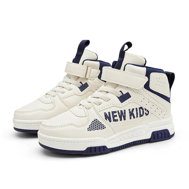 Children's street sneakers with letter pattern PU upper and rubber sole showing buckle closure
