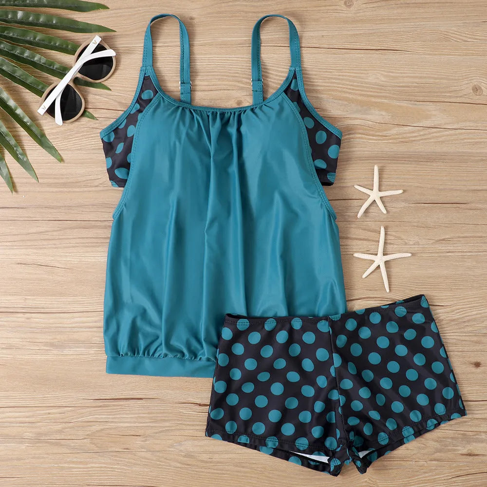 Women's polka dot boxer swimsuit with high waist briefs design in polyester fabric