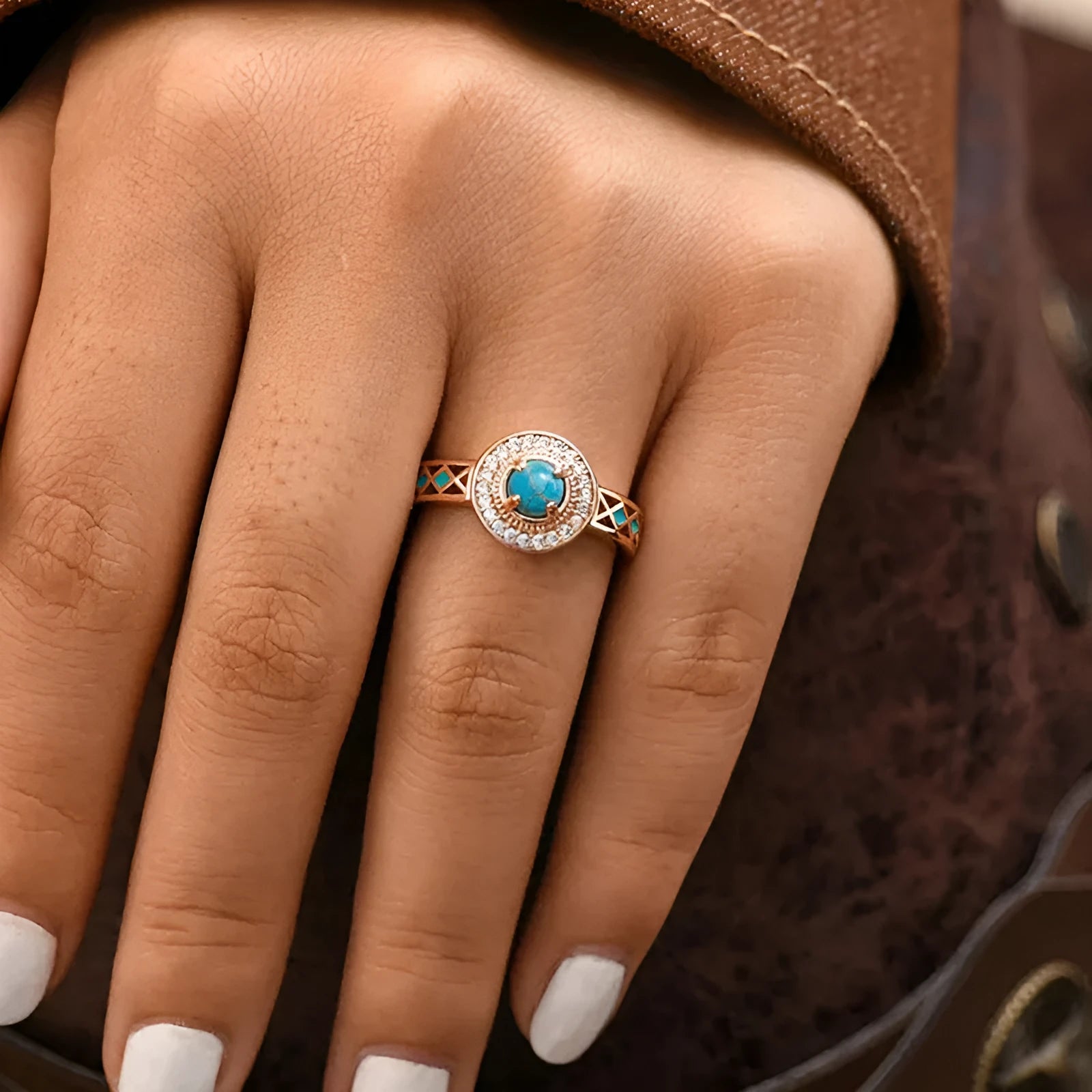 Rose gold women's turquoise ethnic style ring with geometric shapes and inlaid zircon decoration