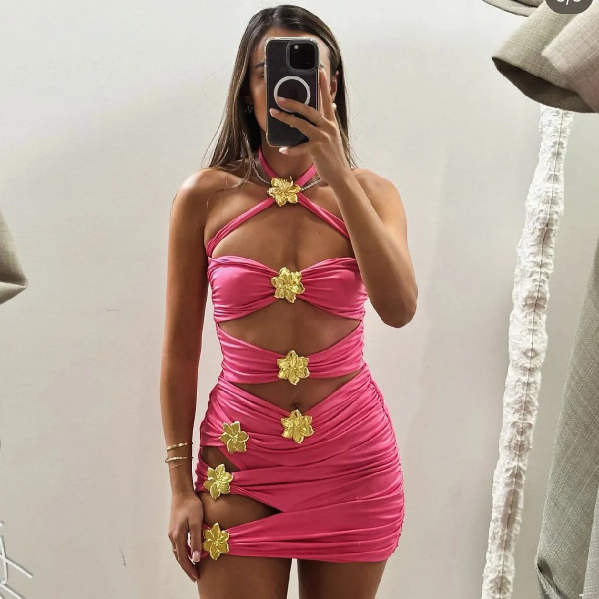 Solid colour high-waisted one-piece swimsuit for women with a separate matching short skirt.