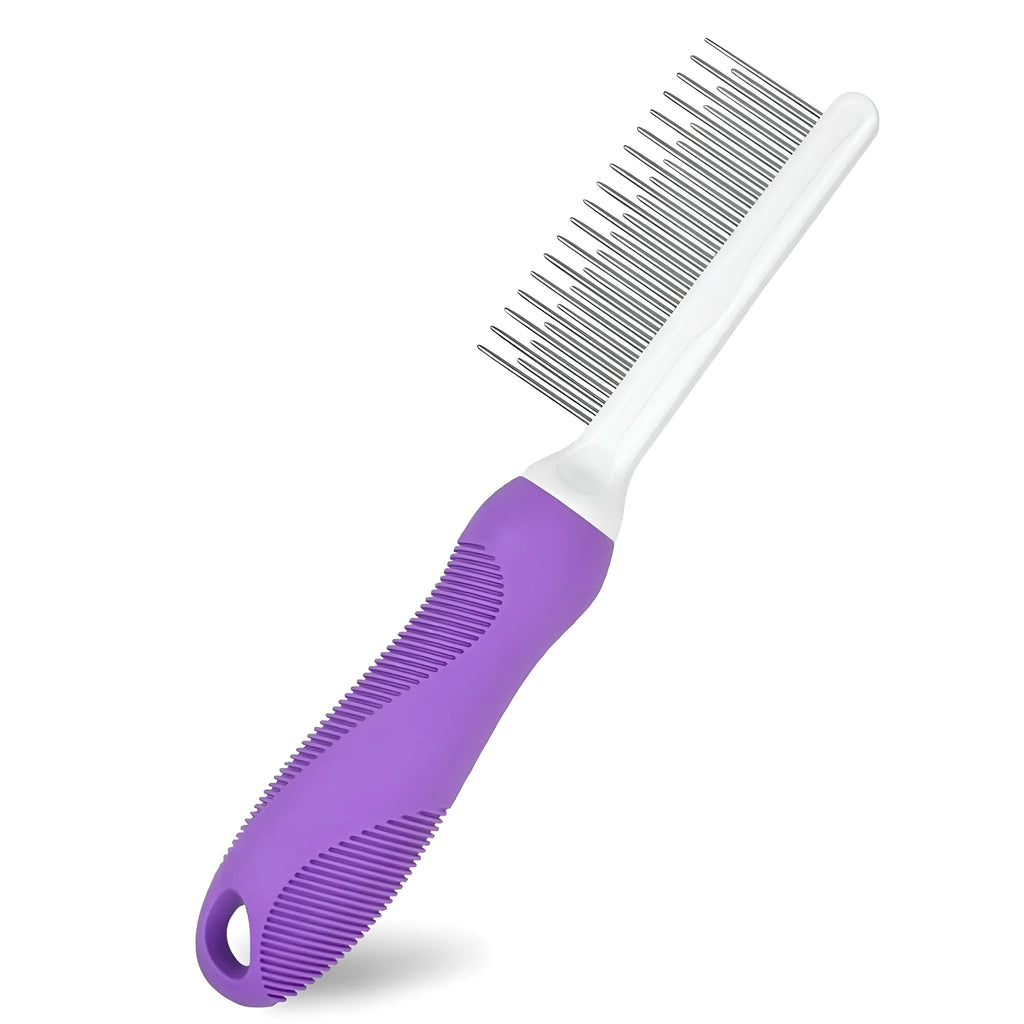 Purple pet detangling comb with stainless steel teeth and ergonomic handle.