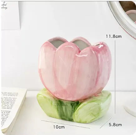 Ceramic flower pen holder storage box with floral design for desktop organisation